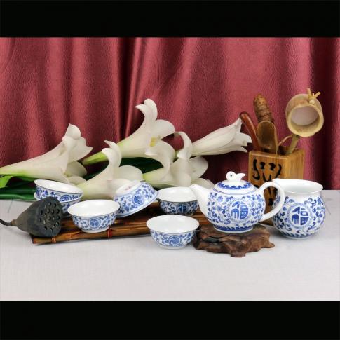 8頭手繪青花(huā)福壽連綿花(huā)功夫茶具(ju)
