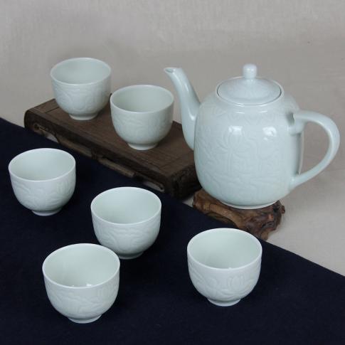 7頭全手工(gong)雕刻綠茶具(ju)