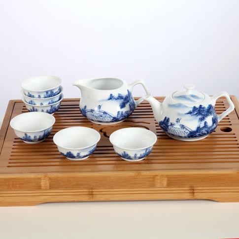 8頭手繪青花(huā)山(shān)水茶具(ju)