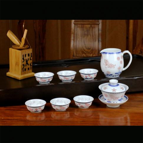 8頭青花(huā)釉裏紅(hong)蝶舞功夫茶具(ju)