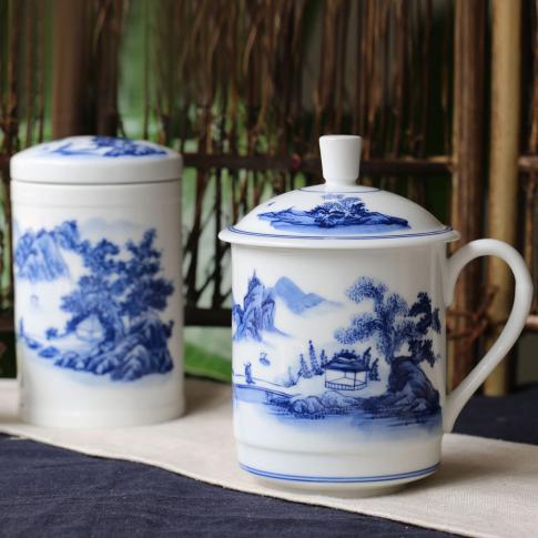 2頭手繪青花(huā)青山(shān)秀水茶友