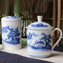 2頭手繪青花(huā)青山(shān)秀水茶...