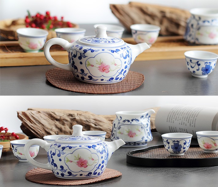 8頭青花(huā)鬥彩功夫茶具(ju)水點桃花(huā)