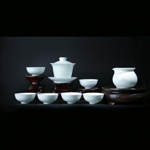 8頭影青雕刻牡丹茶具(ju)