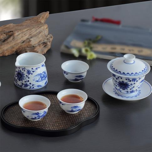 8頭玲珑功夫茶具(ju)開堂山(shān)水蓋(gai)碗