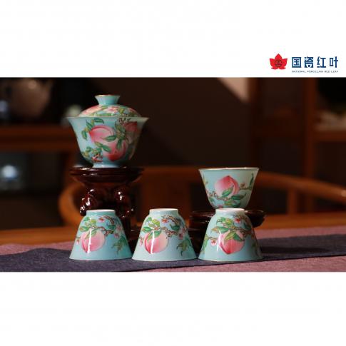 5頭手繪工(gong)筆(bǐ)琺琅彩蒂芙尼藍壽桃五福茶具(ju)(蓋(gai)碗)