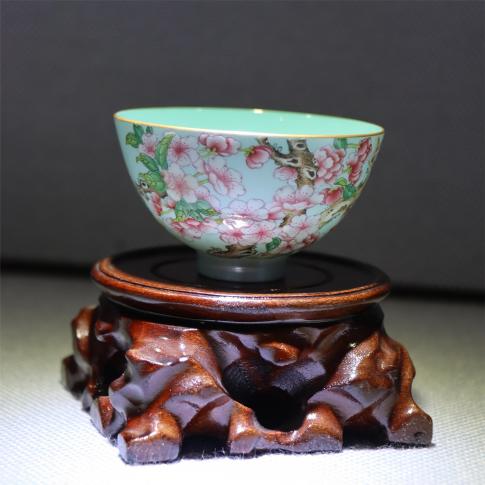 1頭手繪工(gong)筆(bǐ)琺琅彩海棠蒂芙尼藍雞心杯