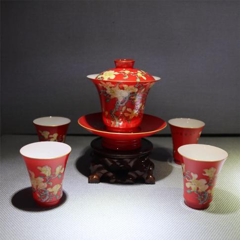 5頭手繪琺琅彩滿堂富(fu)貴中(zhong)國(guo)紅(hong)茶具(ju)(蓋(gai)碗)