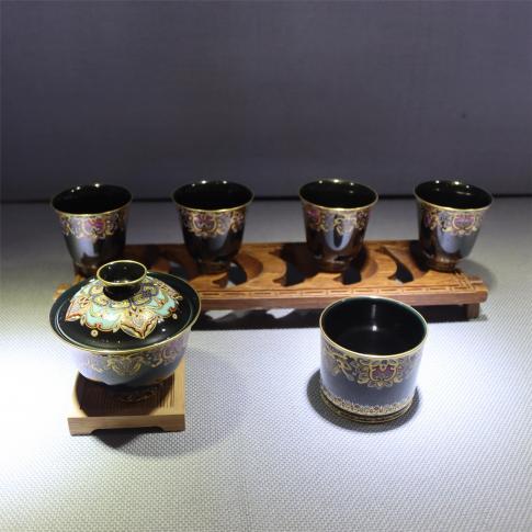 6頭手繪釉上描金敦煌圖案黑釉茶具(ju)