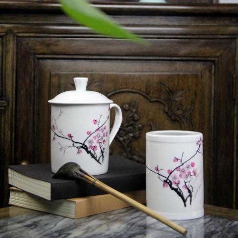 2頭手繪梅花(huā)咊(he)諧雙層杯套組(筆(bǐ)筒)