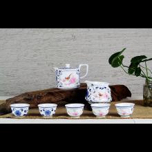 8頭青花(huā)鬥彩水點桃花(huā)功夫茶具(ju)