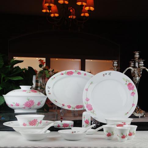 56頭手繪釉上水點桃花(huā)中(zhong)餐具(ju)